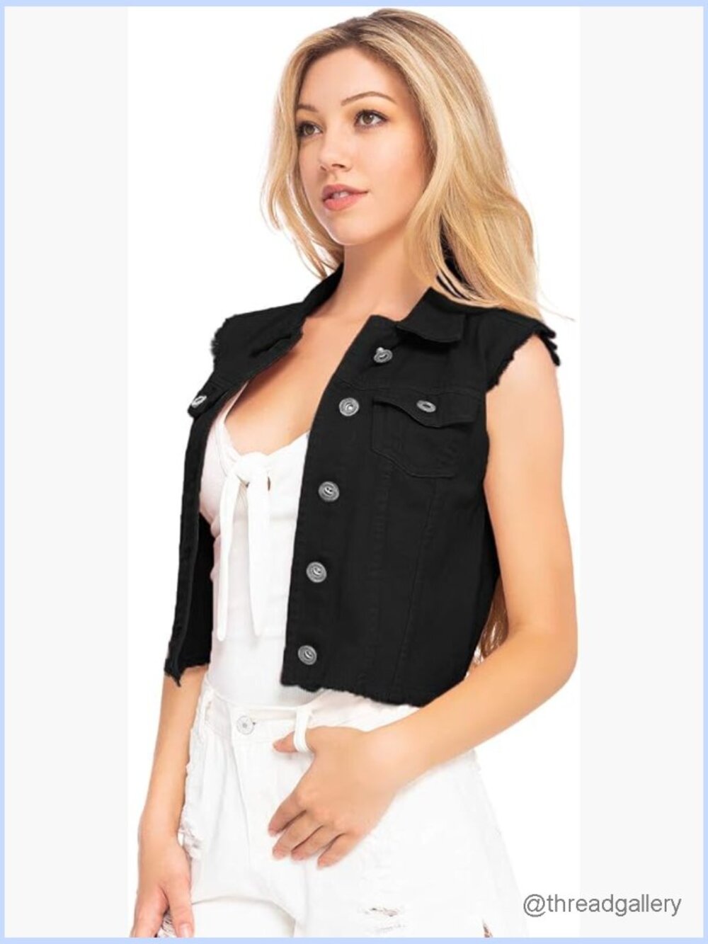 Distressed Denim Button Up Sleeveless Crop Vest